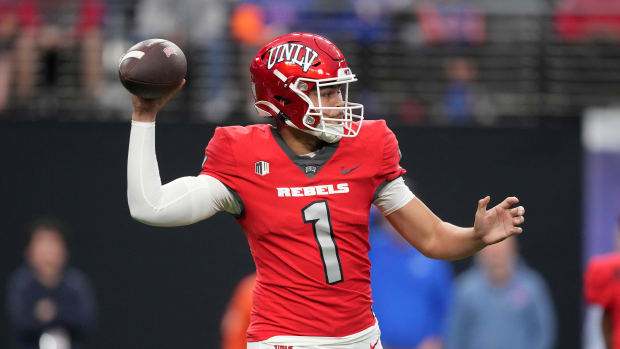 Dec 2, 2023; Las Vegas, NV, USA; UNLV quarterback Jayden Maiava attempts a pass in the first half during the Mountain West Championship at Allegiant Stadium.